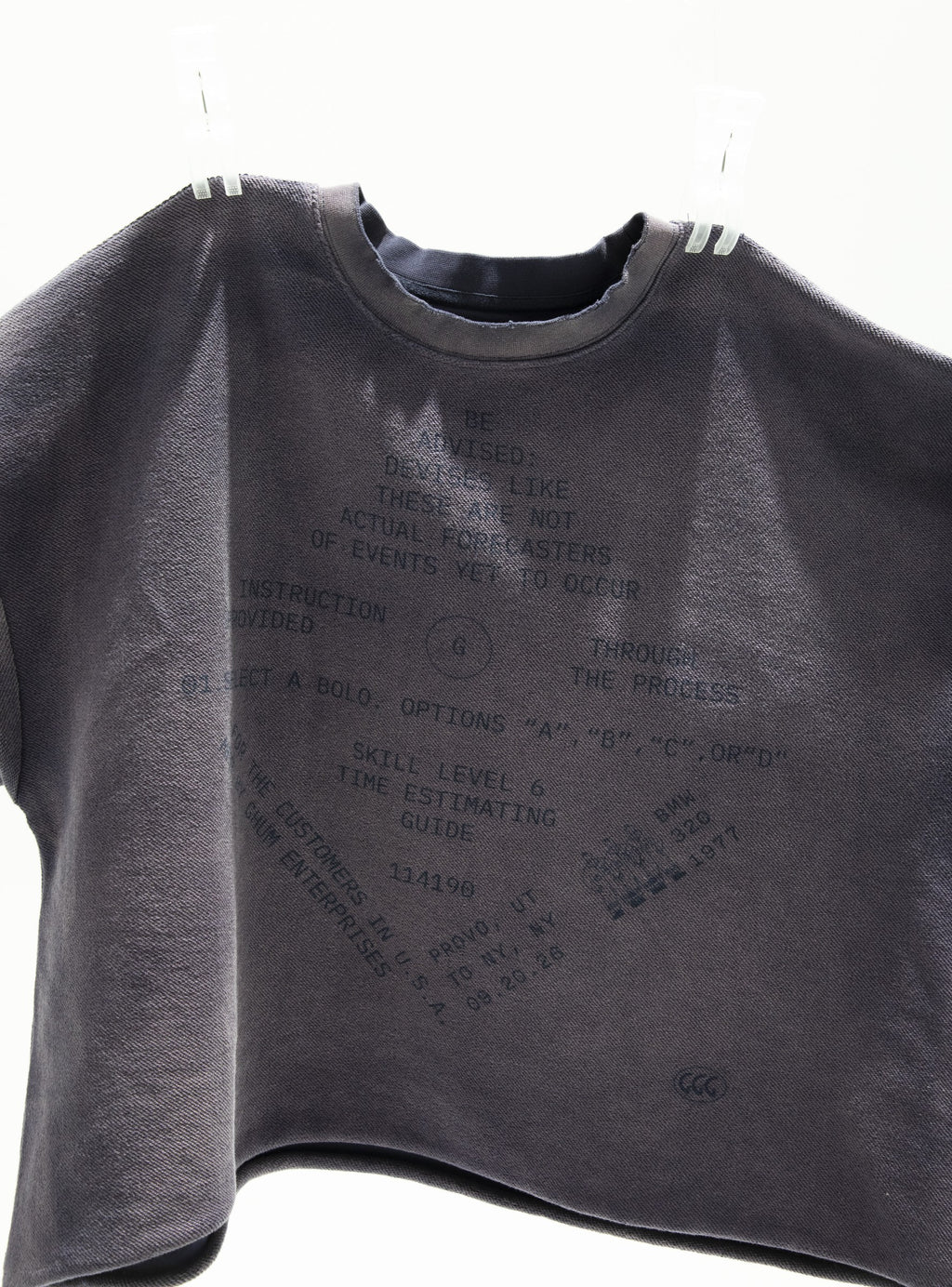 Faded purple cropped tee hung flat, tonal text print across the chest