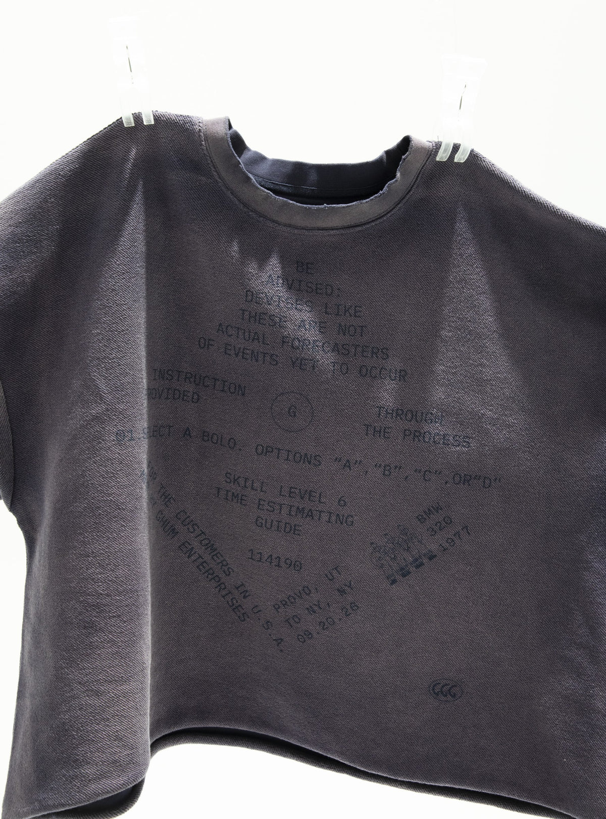 Faded purple cropped tee hung flat, tonal text print across the chest